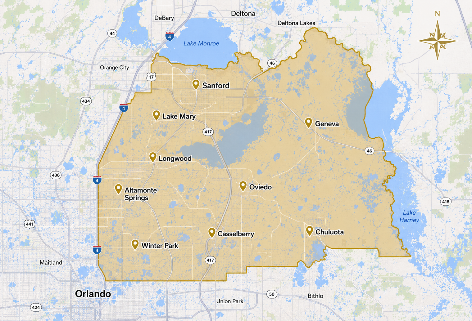 Map of the Luxe Flush Seminole County, FL service area highlighting Sanford, Lake Mary, Longwood, Altamonte Springs, Casselberry, Winter Springs, Oviedo, Geneva, and Chuluota